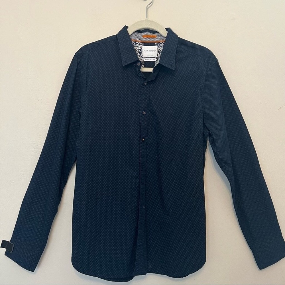 Denim & Flower‎ Mens Navy Blue Micro Dot Print Cotton Button Down Shirt Medium